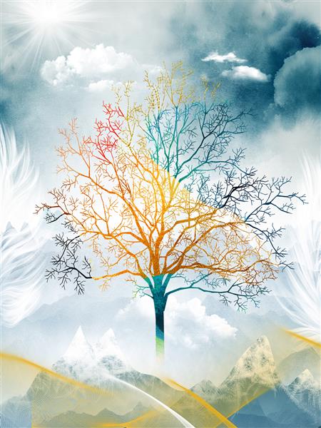 کاغذ دیواری سه بعدی دیواری برای بوم برای فریم های گرافیک دیجیتال مانند تصور طراحی منظره دیجیتالی درخت رنگارنگ