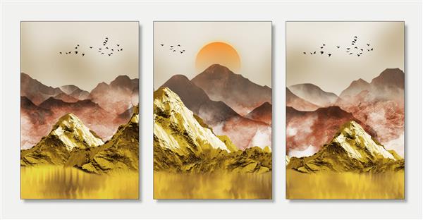 تصویر زمینه نقاشی دیواری سه بعدی منظره پس زمینه روشن کوه های طلایی رنگارنگ پرندگان و ماه و ابرها در آسمان