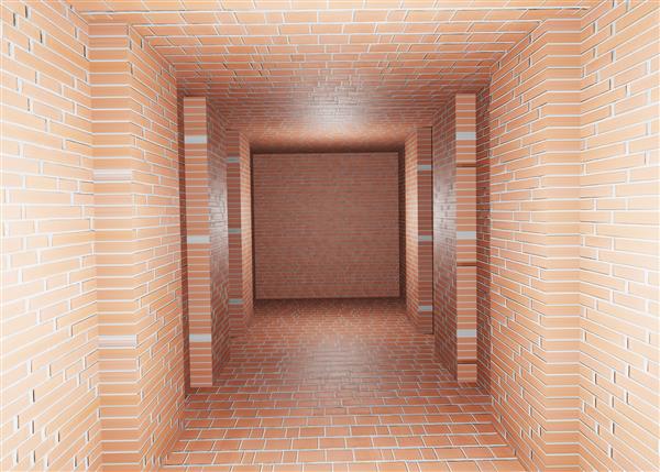 رندر سه بعدی راهرو آجر دیوار قرمز انتزاعی با حداقل پس زمینه داخلی تونل با کف کاغذ دیواری هندسی دیواری