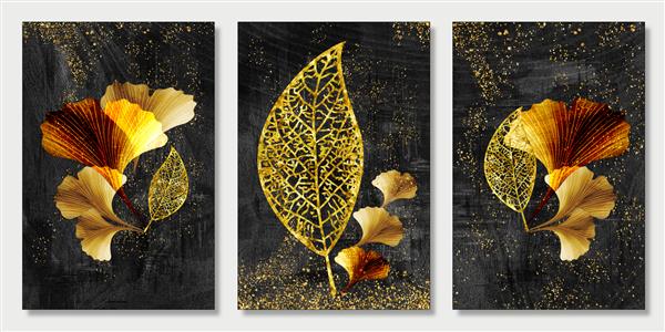 برگ های درخت طلایی سه بعدی در پس زمینه نقاشی مدرن قاب دیوار دکوراسیون منزل دکور قاب دیوار