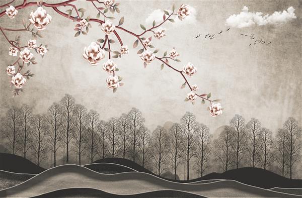 کاغذ دیواری منظره دیواری سه بعدی گل پرندگان در شاخه گل درختان جنگل و کوه