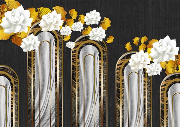 کاغذ دیواری سه بعدی گلدار برگ‌های جینکو بیلوبا طلایی و گل‌های سفید قوس طلایی در پس‌زمینه مشکی