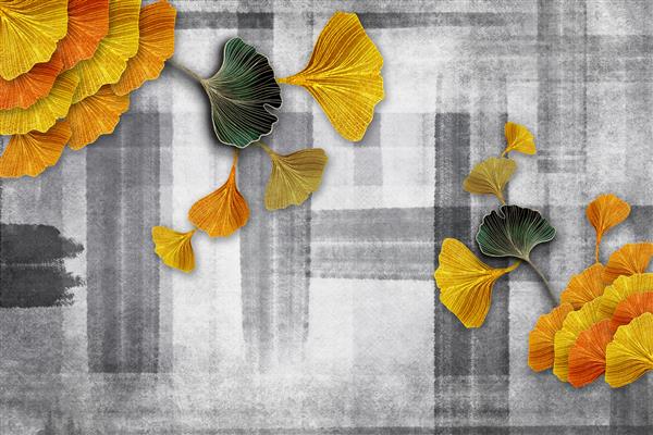 کاغذ دیواری سه بعدی گلدار برگ های جینکو بیلوبا طلایی در زمینه بافت خاکستری مشکی