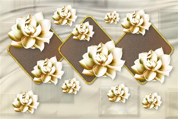 طرح دیواری کاغذ دیواری سه بعدی با مربع های قهوه ای گل های طلایی در پس زمینه ابریشمی روشن