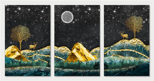 کاغذ دیواری سه بعدی منظره شب با کوه های فیروزه ای تیره پس زمینه سیاه تیره با ستاره ها و ماه درختان طلایی قاب دیوار
