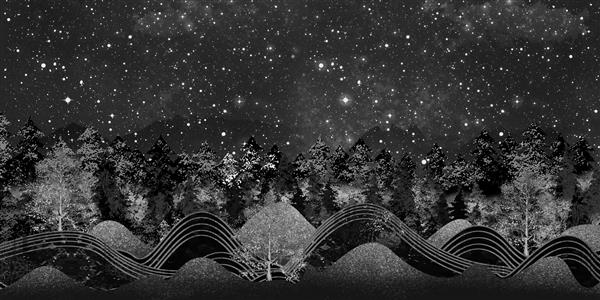 کاغذ دیواری سه بعدی منظره شب با کوه های تیره درختان پس زمینه سیاه تیره با ستاره ها و ماه