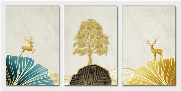 تصویرسازی سه بعدی هنر منظره درخت طلایی گوزن در پس‌زمینه روشن با برگ‌های جینکو بیلوبا