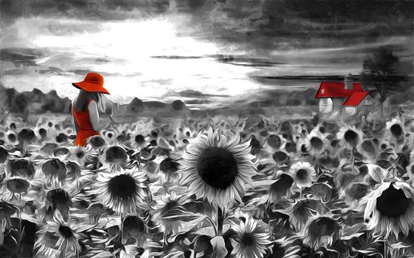 نقاشی رنگ روغن سیاه و سفید دختری در مزرعه آفتابگردان غروب آفتاب مجموعه ای از نقاشی های رنگ روغن طراحان دکوراسیون داخلی هنر بوم انتزاعی مدرن قدیمی کلبه قرمز