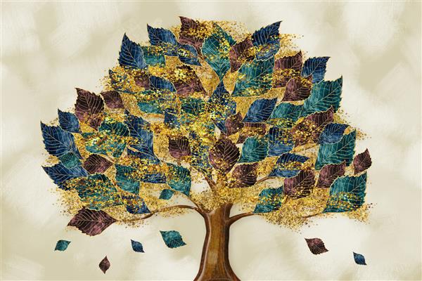 کاغذ دیواری سه بعدی دیواری درخت رنگارنگ با برگ های فیروزه ای آبی و قهوه ای در پس زمینه طراحی کشیدن اشیاء طلایی