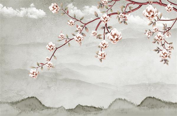 پس‌زمینه پس‌زمینه نقاشی دیواری سه‌بعدی کاغذ دیواری ساده را روشن می‌کند گل و شاخه و کوه