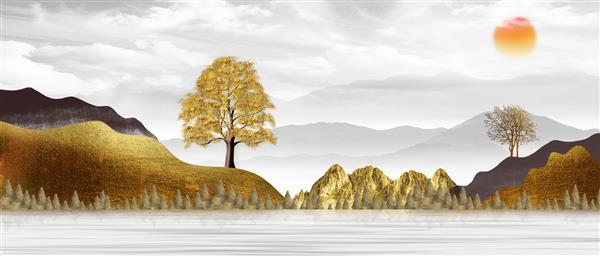 درختان قهوه ای طلایی با کوه های طلایی سیاه و خاکستری در پس زمینه خاکستری روشن با ابرهای سفید تصویر زمینه سه بعدی هنر منظره