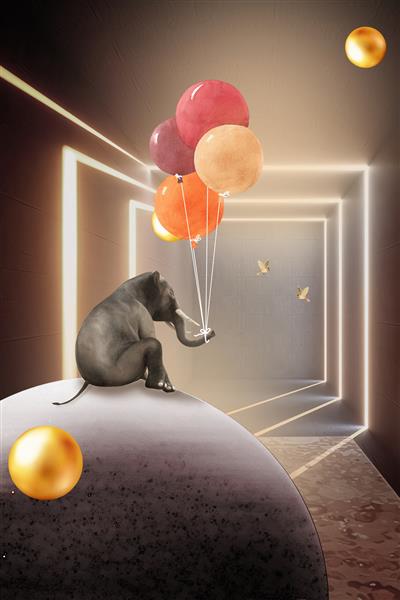 تصویر سه بعدی یک فیل و یک دسته بادکنک