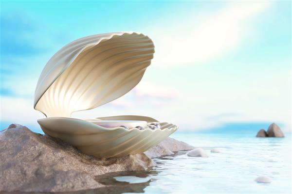 پوسته مروارید لوکس سکو و سکو بر روی صخره ها در کنار دریا در میان جو طبیعی در صبح یا نور غروب خورشید به امواج درخشان آب برخورد می کند محصولات آرایشی و زیبایی تصویرسازی سه بعدی