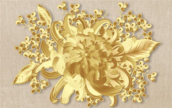 تصویر سه بعدی گل صد تومانی طلایی انتزاعی بزرگ در زمینه پارچه بژ