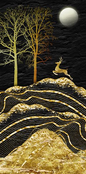 منظره کاغذ دیواری دکور هنری سه بعدی کوه های سیاه درخت طلایی و ماه روشن در پس زمینه تاریک