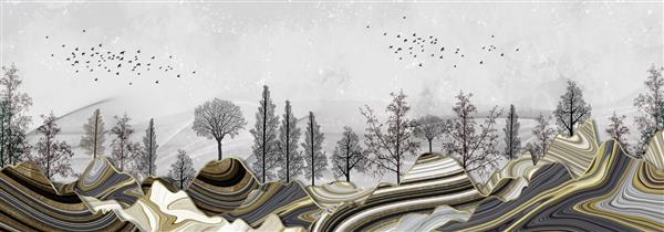 درختان سیاه با کوه های مرمر رنگارنگ در پس زمینه خاکستری روشن با ابرهای سفید و پرندگان تصویر زمینه نقاشی دیواری سه بعدی هنر منظره