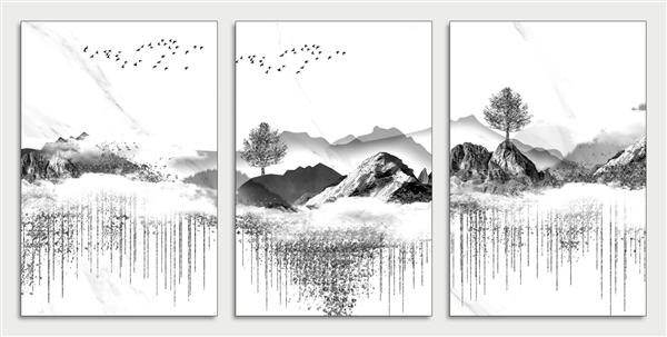 کاغذ دیواری دیواری سه بعدی مدرن سیاه و سفید منظره با درخت کریسمس خطوط طلایی و کوه و پرندگان