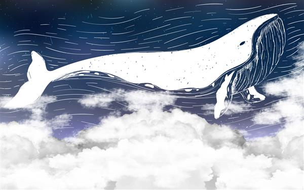 نهنگ بزرگ سفید انتزاعی در پس زمینه آبی با ابرهای سفید