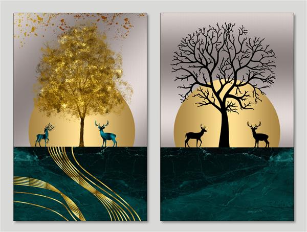 کاغذ دیواری سه بعدی نقاشی دیواری هنر مدرن منظره شب طلایی درختان سیاه خورشید مرمر تیره و گوزن ها