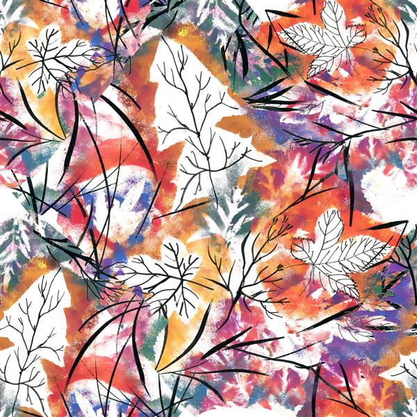 الگوی بدون درز برگ های پاییزی نقاشی شده با آبرنگ در زمینه سفید