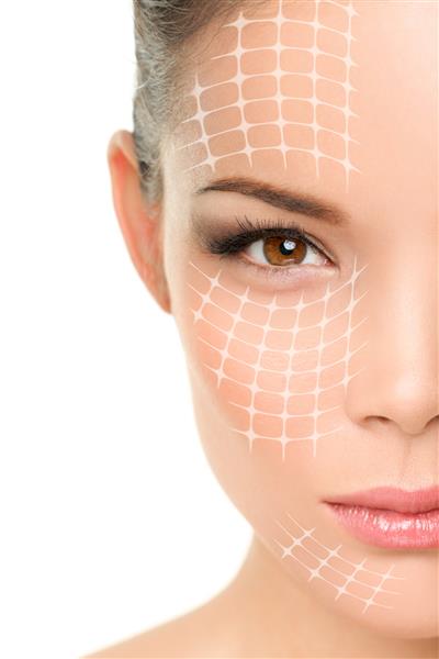 درمان ضد پیری لیفت صورت - پرتره زن آسیایی با خطوط گرافیکی که اثر لیفتینگ صورت را بر روی پوست نشان می دهد