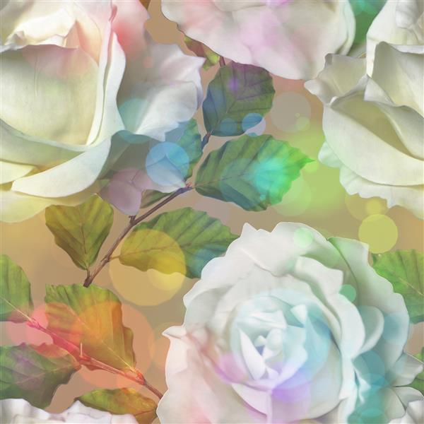 الگوی گلدار آبرنگ وینتیج هنری با گل رز سفید در زمینه قهوه ای با بوکه نرم