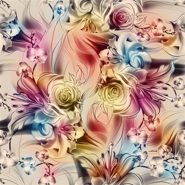 الگوی بدون درز گل هایی که با مداد و آبرنگ روی کاغذ قدیمی کشیده شده اند گل رز زنبق و ارکیده را رنگ کنید سبک شیک وینتیج خطوط صاف نازک قالب برای کارت تبریک نقاشی با دست آزاد