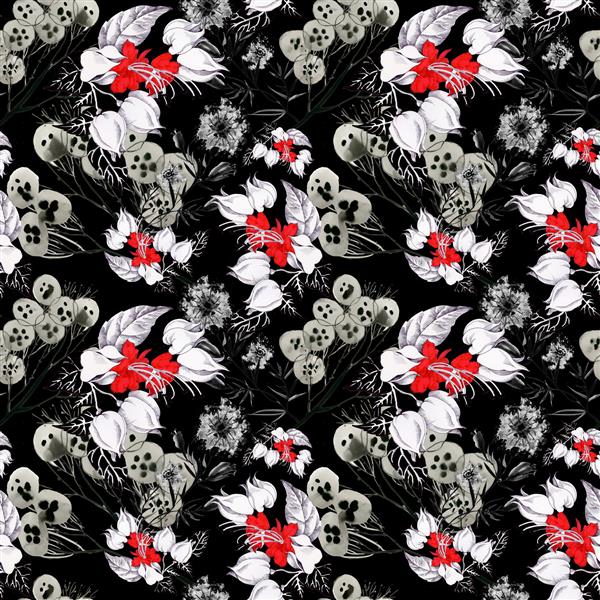 الگوی بدون درز با گل های قرمز سفید در پس زمینه سیاه