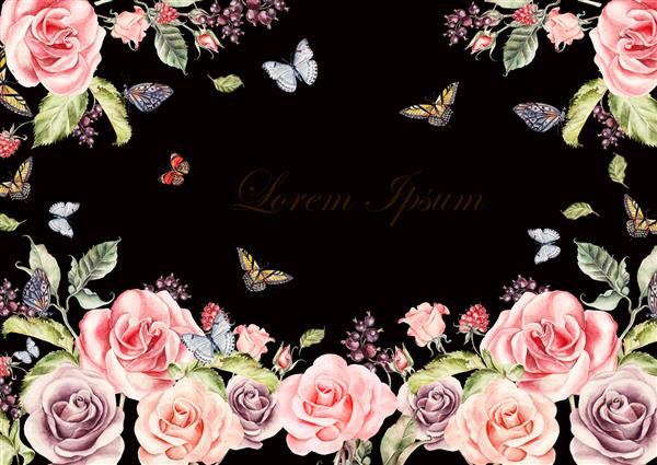 کارت آبرنگ زیبا با گل های رز و انواع توت ها پروانه ها و گیاهان تصویر