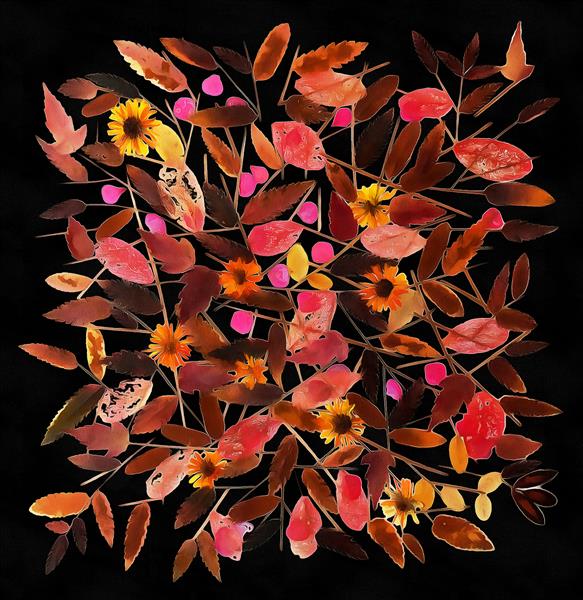 طراحی دسته گل از برگ های خشک و فشرده گیاهان جمع آوری شده و چسبانده شده روی تخته های چوبی نقاشی شده