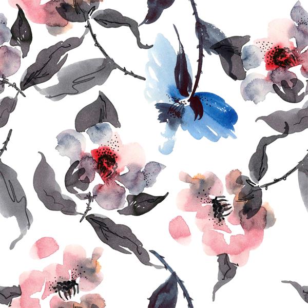 تصویرسازی آبرنگ و جوهر از گل ها به سبک sumi-e u-sin نقاشی سنتی شرقی الگوی بدون درز