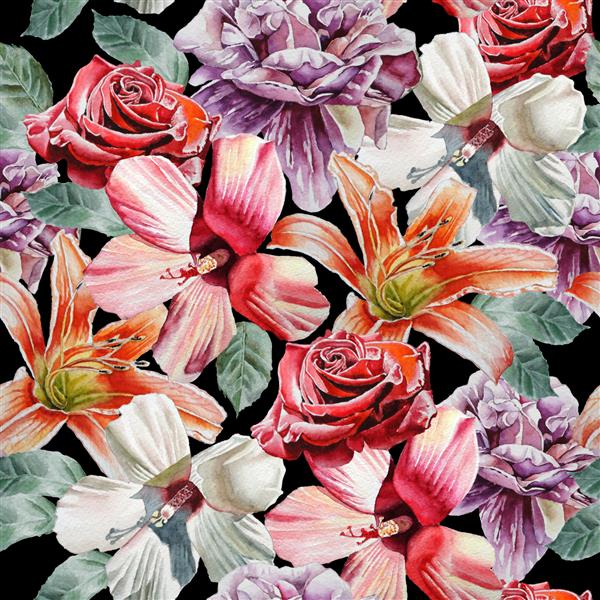 الگوی بدون درز با گل گل سرخ زنبق آبرنگ دست کشیده تصویرسازی سه بعدی