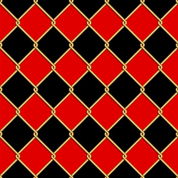 الگوی بدون درز شبکه سیم طلایی روی پس‌زمینه لوزی‌های قرمز و مشکی