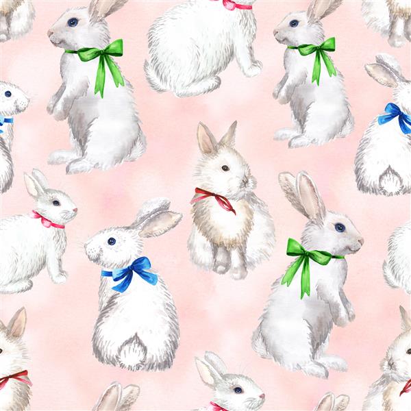 پس زمینه بدون درز با خرگوش های سفید در پس زمینه صورتی نقاشی با آبرنگ با دست