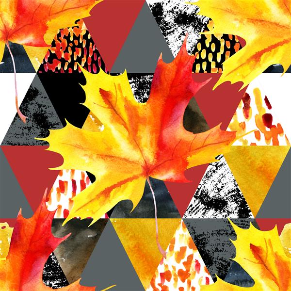 الگوی بدون درز آبرنگ برگ های پاییزی برگ افرا روی مثلث هایی با بافت کاغذی گرانج آبرنگ پس زمینه طبیعی هندسی برای طراحی پاییز تصویر نقاشی شده با دست
