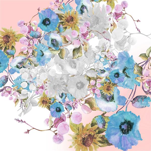دسته گل آبرنگ زیبا از گل های تابستانی روشن با شاخه ای از توت های صورتی جدا شده در پس زمینه سفید