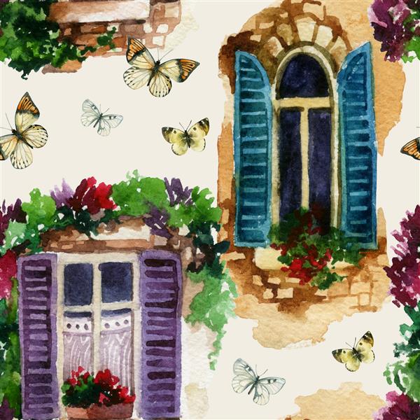 پنجره سنتی آبرنگ با گل های گلدانی سنگ های آجری و پروانه پنجره های روستایی با کرکره در زمینه پاستلی تصویر نقاشی شده با دست به سبک وینتیج