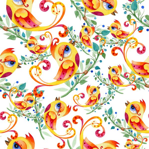 الگوی بدون درز آبرنگ متشکل از پرندگان رنگارنگ روی شاخه ها