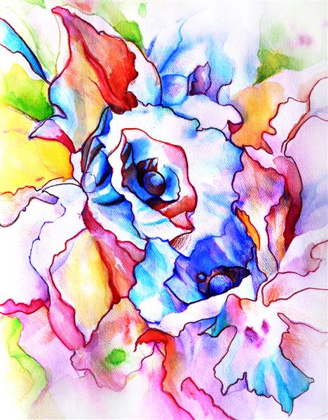 گل نرگس های زیبا و غیر معمول درخشان در رنگ های چند رنگ - آبی بنفش صورتی بنفش و سبز طراحی دستی - آبرنگ روی کاغذ با گرافیک دیجیتال