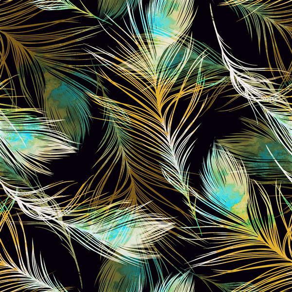 نقش پرهای طاووس الگوی بدون درز نقاشی شده با دست طراحی دیجیتال و بافت آبرنگ پس زمینه برای دکور و طراحی پارچه کاغذ دیواری گیاه شناسی هنر بوهو شیک ترکیبی قاب گل