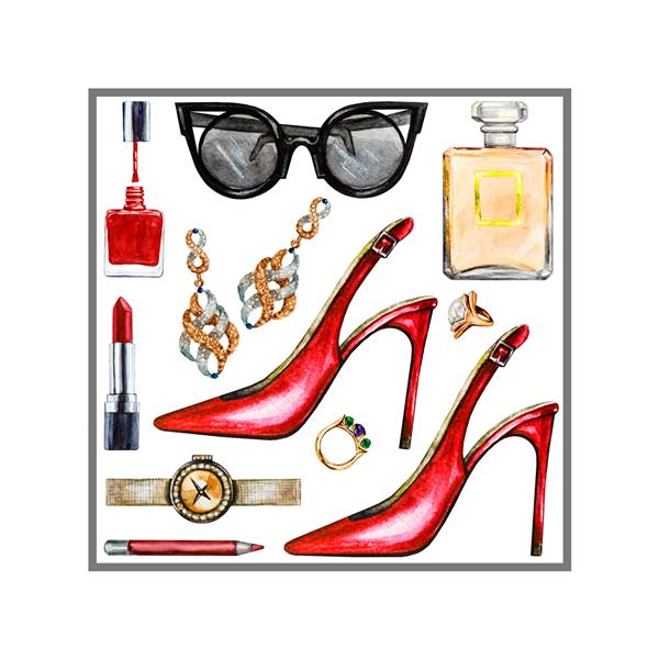ست انواع اکسسوری زنانه آبرنگ محصولات آرایشی کفش پاشنه بلند عطر رژ لب گوشواره انگشتر لاک ناخن ساعت عینک آفتابی لوازم جانبی طراحی شده با دست