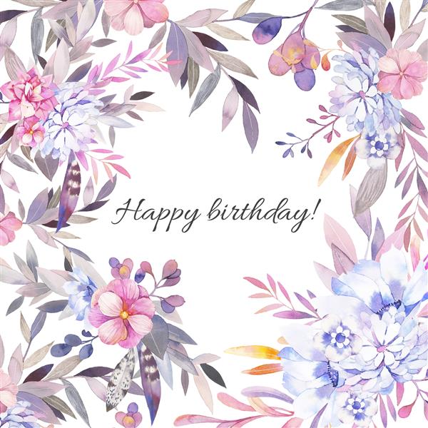 کارت تبریک تولد آبرنگ قاب کلاژ با دست طراحی شده با گل رز ساکولنت برگ خاکستری شقایق طرح تبریک ایزوله