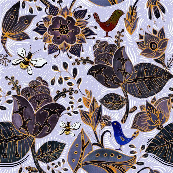 الگوی بدون درز رنگارنگ کاغذ دیواری گلدار تصویر با گیاه گل پرندگان الگوی طراحی شده با دست الگوی طبیعت