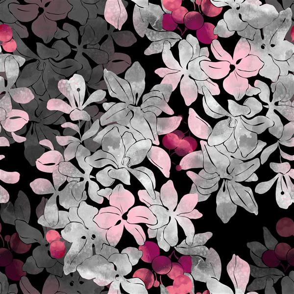 برگ ها و توت ها را نشان می دهد الگوی بدون درز نقاشی شده با دست طراحی دیجیتال و بافت آبرنگ پس زمینه برای دکور و طراحی پارچه کاغذ دیواری گیاه شناسی قاب گلدار ترکیبی هنر شیک boho