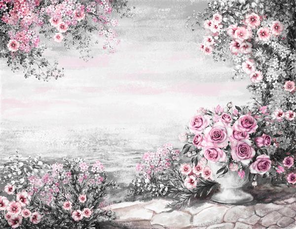 نقاشی رنگ روغن زیبا تابستان روی دریا منظره دریایی ملایم گل رز صورتی در گلدان و برگ نمای روی اقیانوس کاغذ دیواری هنر مدرن آبرنگ