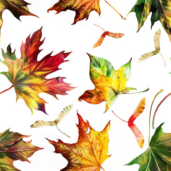 الگوی بدون درز با پس زمینه برگ های پاییزی تصویر رنگارنگ