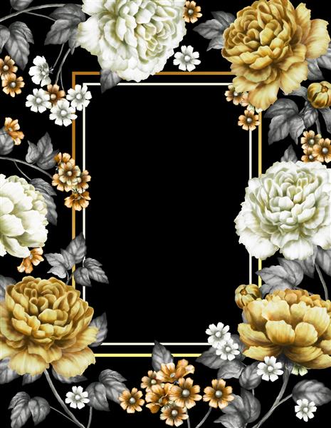 کارت طرح دعوت عروسی آبرنگ با گل صد تومانی زرد غنچه گل های کوچک و برگ پس زمینه گل با دست نقاشی شده برای متن شما قالب قاب پس زمینه سیاه