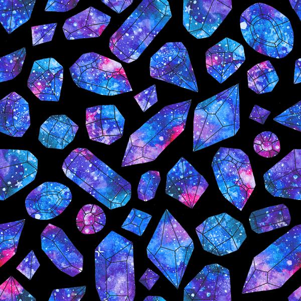 کریستال های کهکشان الگوی بدون درز طراحی شده با دست با سنگ های قیمتی رنگارنگ در پس زمینه مشکی تصویر واقعی آبرنگ