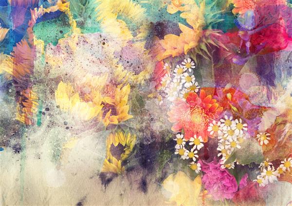 نقاشی آبرنگ انتزاعی ترکیب شده با گل های مزرعه و آفتابگردان روی بافت کاغذ - گرانج گل