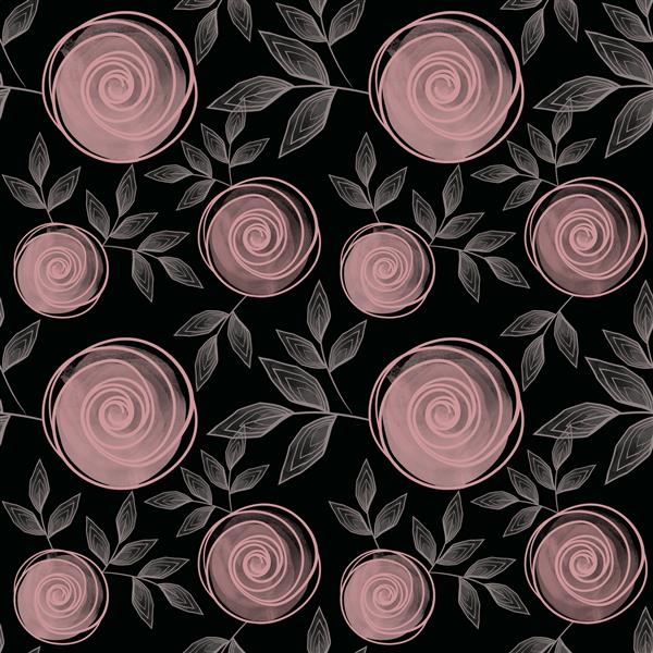 الگوی گل انتزاعی بدون درز گل های صورتی برگ های خاکستری در پس زمینه سیاه
